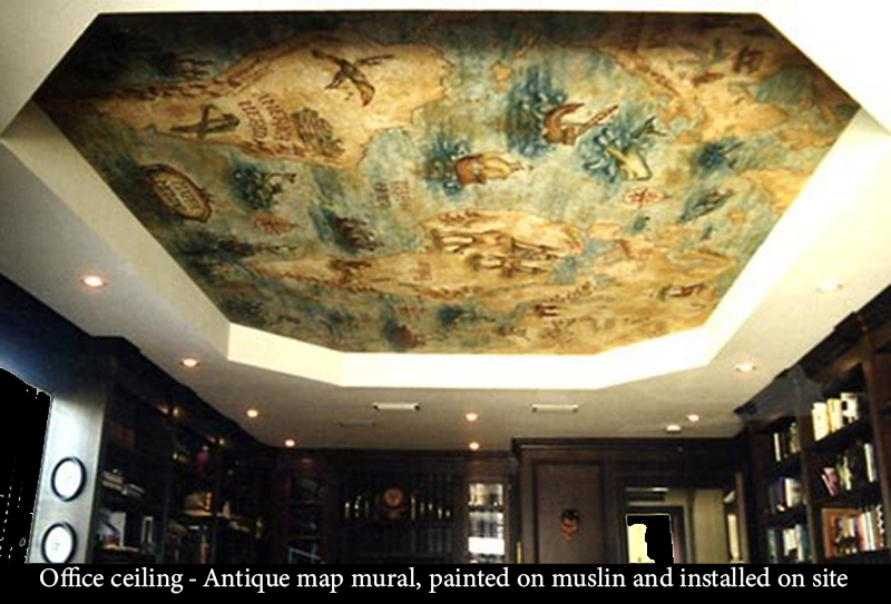 Office ceiling - Antique map mural, painted on muslin and installed on site